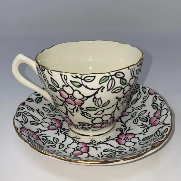 Staffordshire English Castle Teacup and Saucer, Vintage Bone‎ China MCM